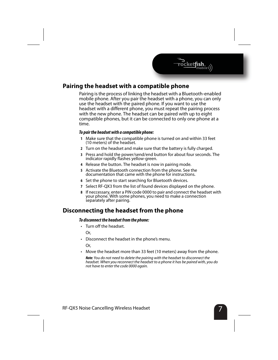 Pairing the headset with a compatible phone, Disconnecting the headset from the phone | RocketFish RF-QX5 User Manual | Page 7 / 15