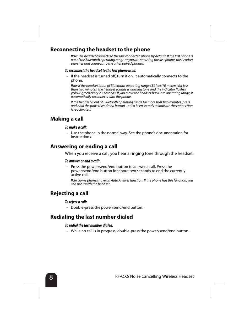 Reconnecting the headset to the phone, Making a call, Answering or ending a call | Rejecting a call, Redialing the last number dialed | RocketFish RF-QX5 User Manual | Page 8 / 15