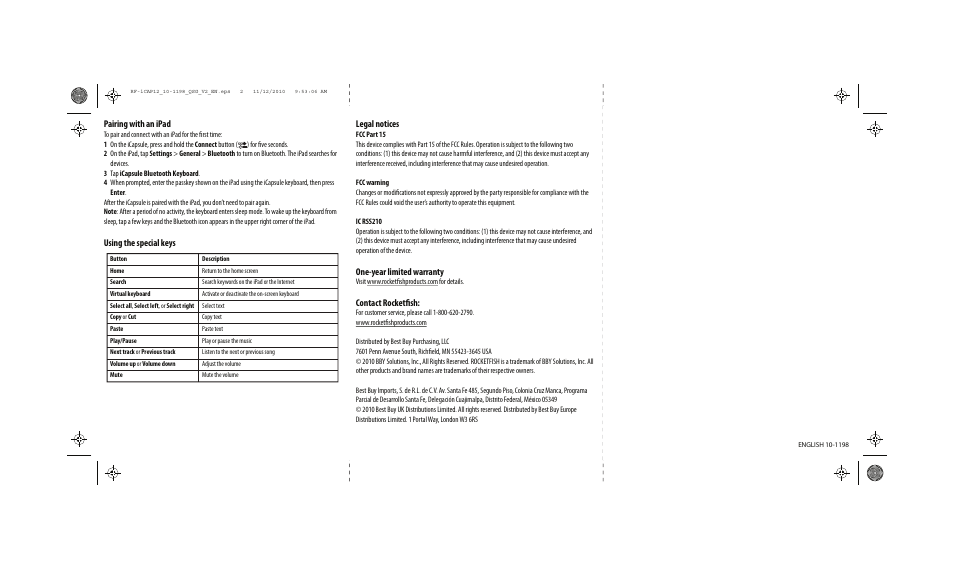 Pairing with an ipad, Using the special keys legal notices, One-year limited warranty | Contact rocketfish | RocketFish RF-ICAP12 User Manual | Page 2 / 2