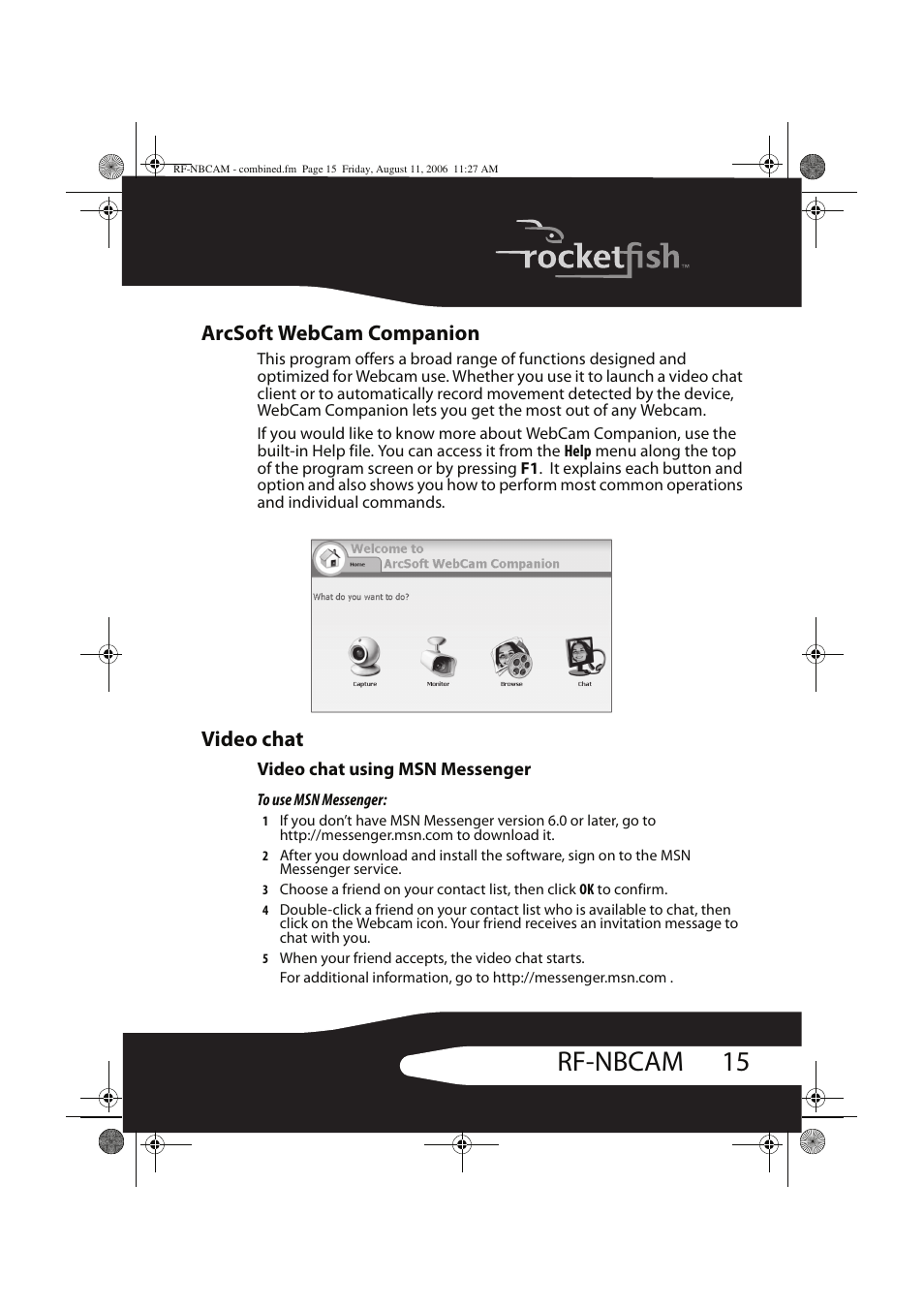 15 rf-nbcam, Arcsoft webcam companion, Video chat | RocketFish RF-NBCAM User Manual | Page 15 / 62