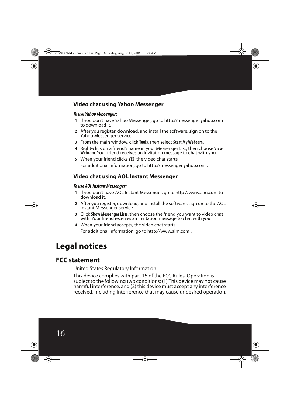 Legal notices, Fcc statement | RocketFish RF-NBCAM User Manual | Page 16 / 62