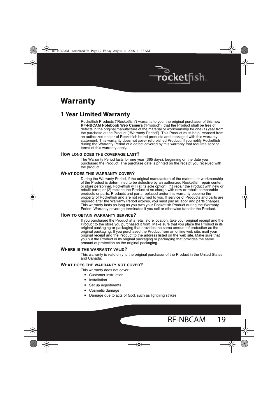 19 rf-nbcam warranty, 1 year limited warranty | RocketFish RF-NBCAM User Manual | Page 19 / 62