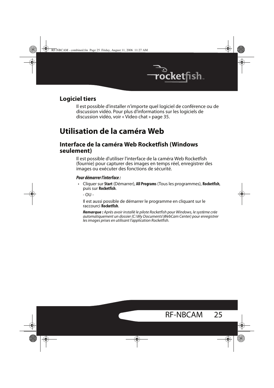 25 rf-nbcam, Utilisation de la caméra web, Logiciel tiers | RocketFish RF-NBCAM User Manual | Page 25 / 62