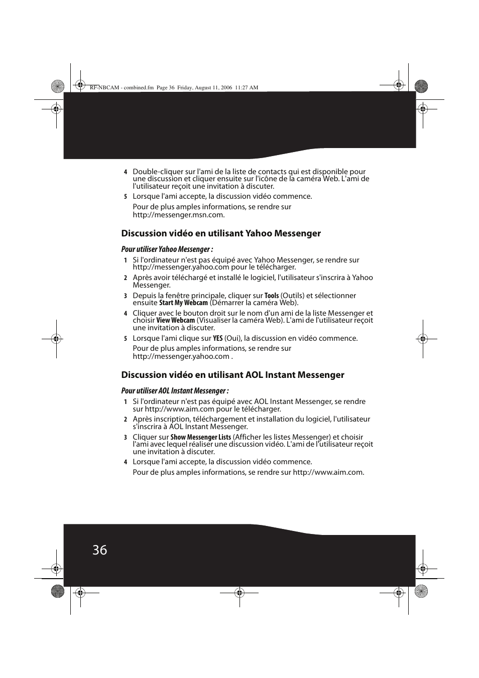 Discussion vidéo en utilisant yahoo messenger | RocketFish RF-NBCAM User Manual | Page 36 / 62