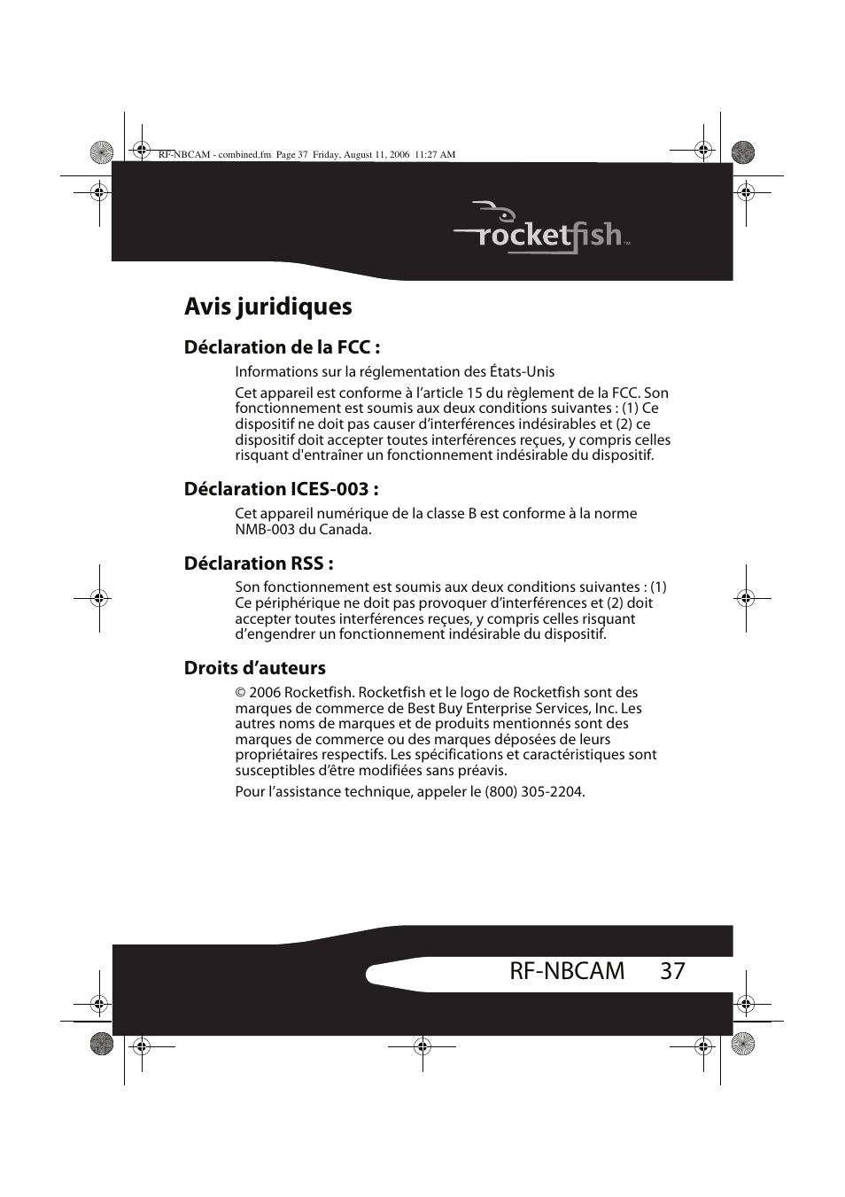 37 rf-nbcam avis juridiques | RocketFish RF-NBCAM User Manual | Page 37 / 62