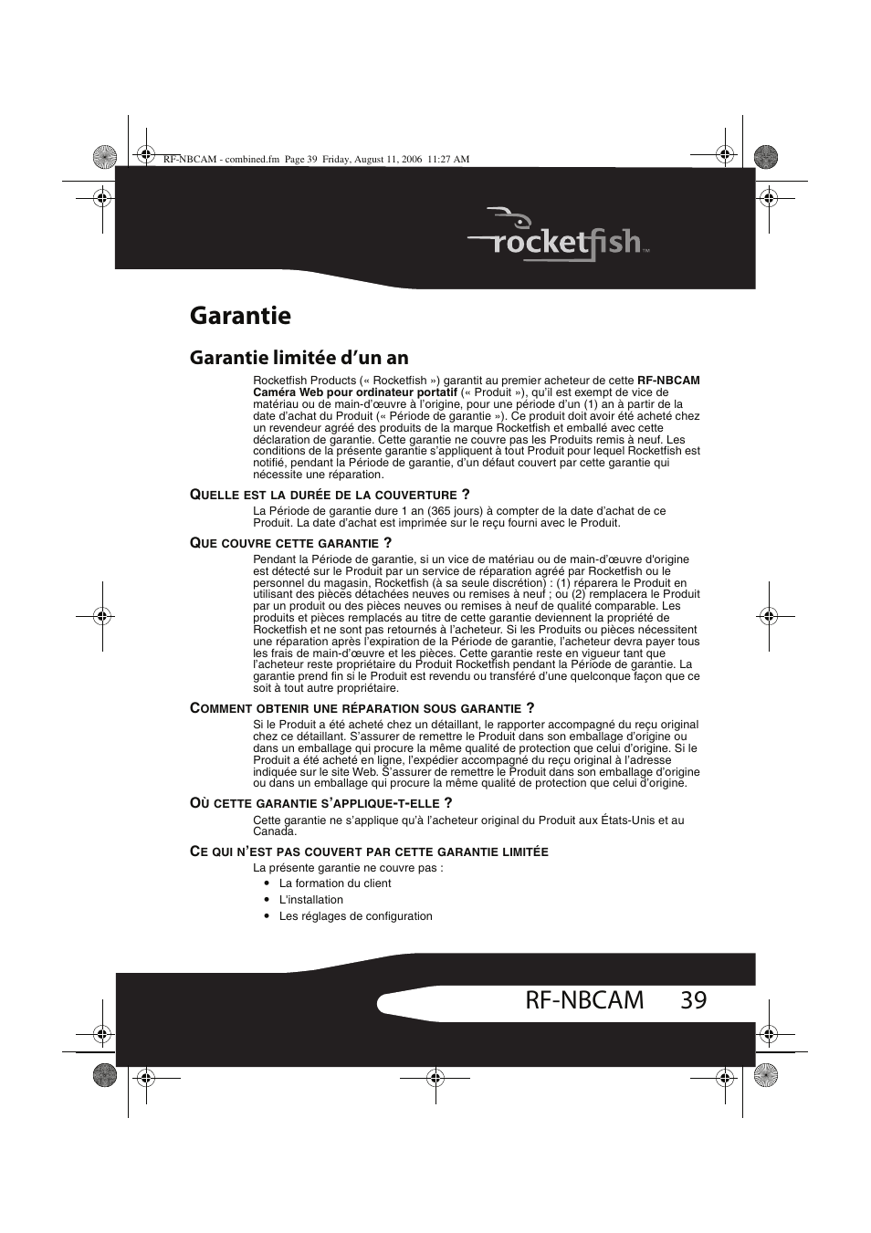 39 rf-nbcam garantie, Garantie limitée d’un an | RocketFish RF-NBCAM User Manual | Page 39 / 62