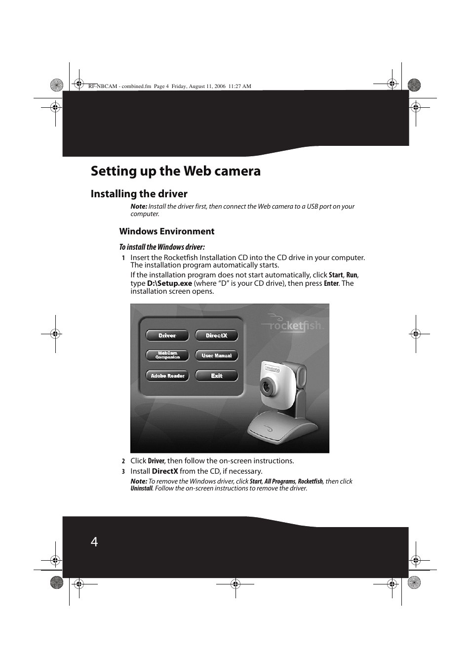 4setting up the web camera, Installing the driver | RocketFish RF-NBCAM User Manual | Page 4 / 62