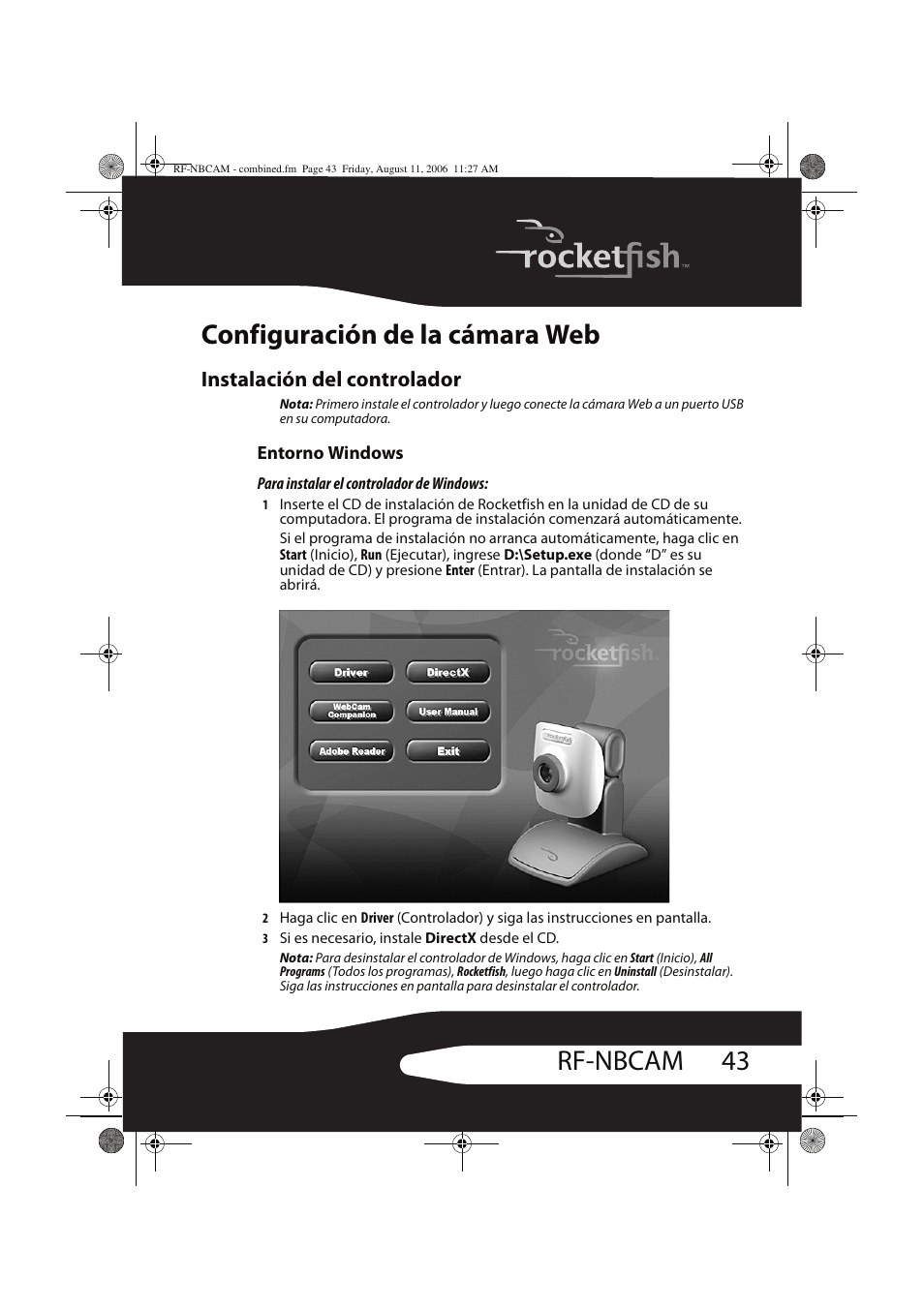 43 rf-nbcam configuración de la cámara web, Instalación del controlador | RocketFish RF-NBCAM User Manual | Page 43 / 62