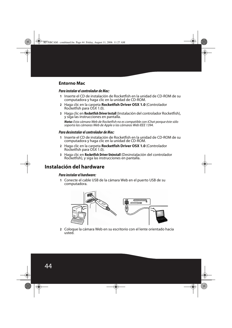 Instalación del hardware, Entorno mac | RocketFish RF-NBCAM User Manual | Page 44 / 62