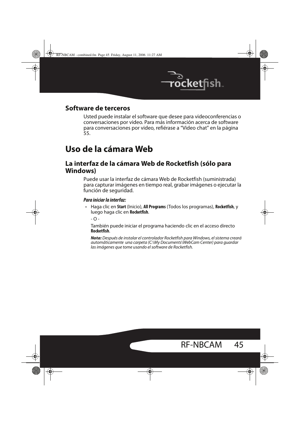 45 rf-nbcam, Uso de la cámara web, Software de terceros | RocketFish RF-NBCAM User Manual | Page 45 / 62