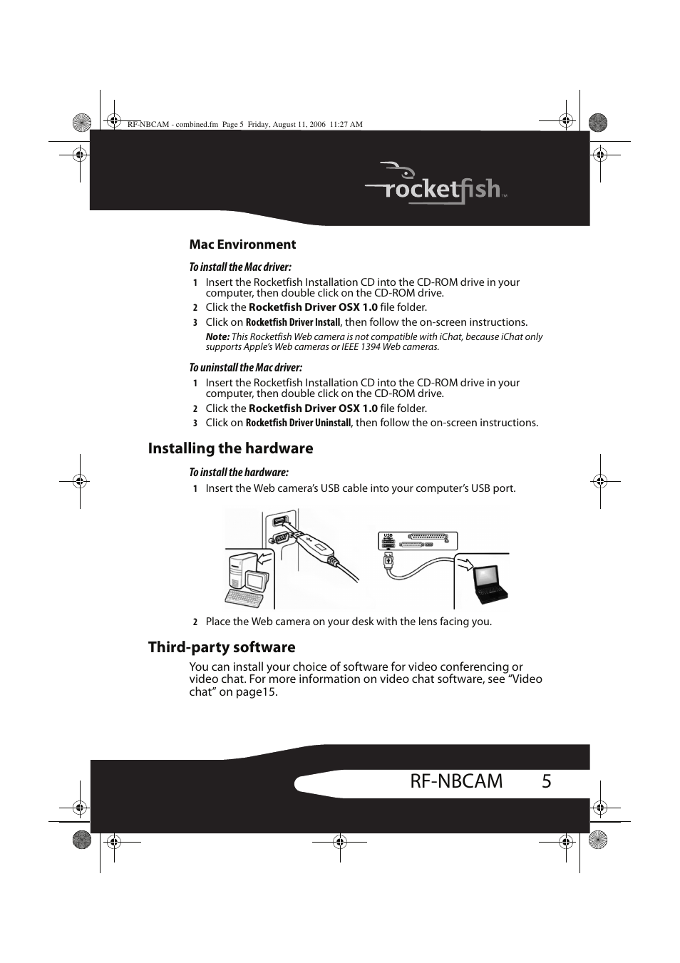 5rf-nbcam, Installing the hardware, Third-party software | RocketFish RF-NBCAM User Manual | Page 5 / 62