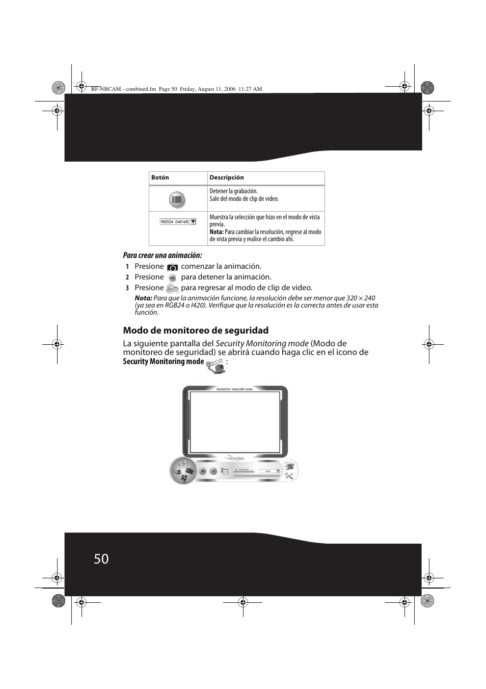 Modo de monitoreo de seguridad | RocketFish RF-NBCAM User Manual | Page 50 / 62