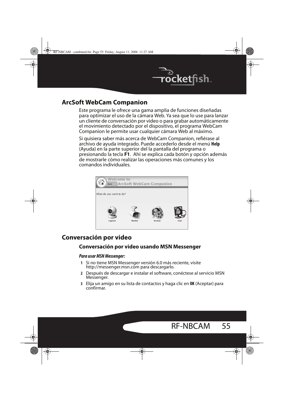55 rf-nbcam, Arcsoft webcam companion, Conversación por video | RocketFish RF-NBCAM User Manual | Page 55 / 62