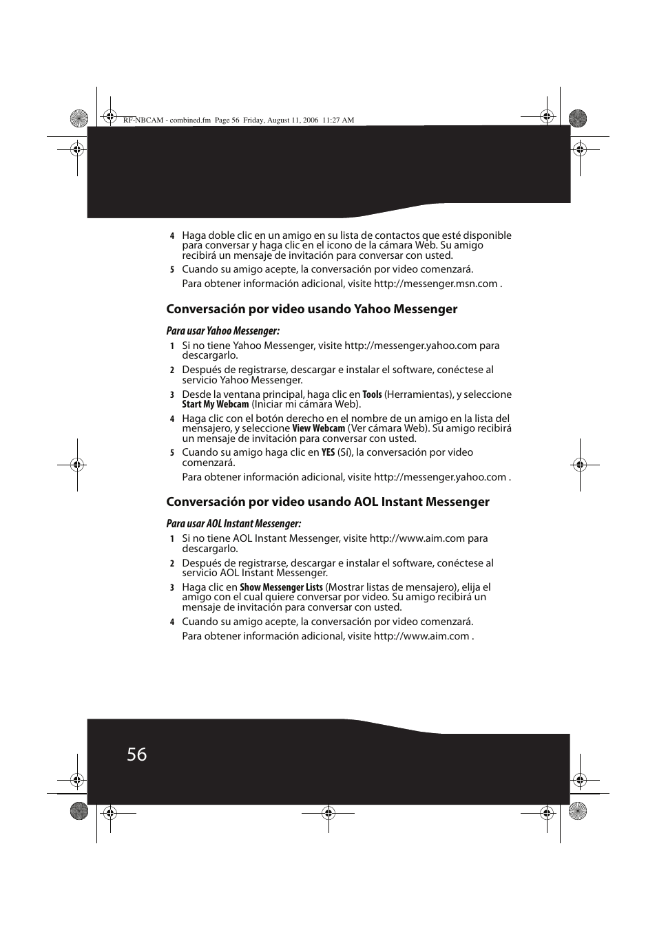 Conversación por video usando yahoo messenger | RocketFish RF-NBCAM User Manual | Page 56 / 62