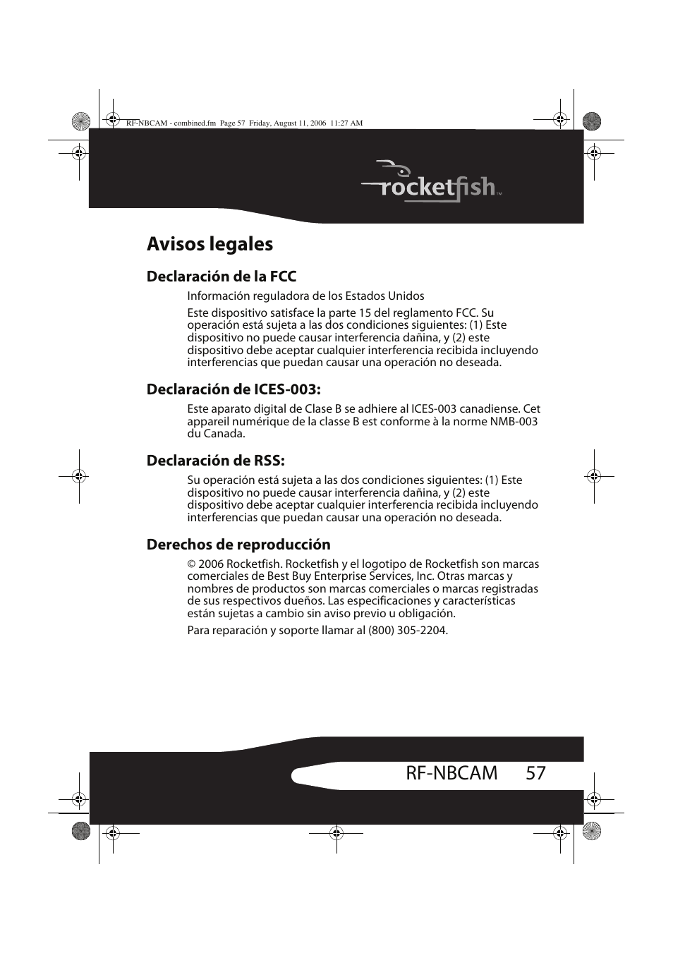 57 rf-nbcam avisos legales | RocketFish RF-NBCAM User Manual | Page 57 / 62