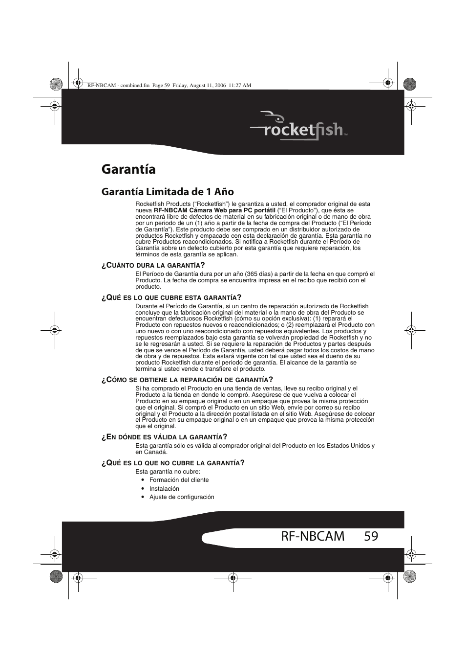59 rf-nbcam garantía, Garantía limitada de 1 año | RocketFish RF-NBCAM User Manual | Page 59 / 62