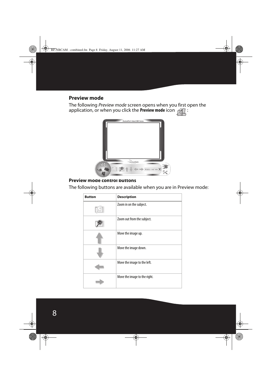 Preview mode | RocketFish RF-NBCAM User Manual | Page 8 / 62