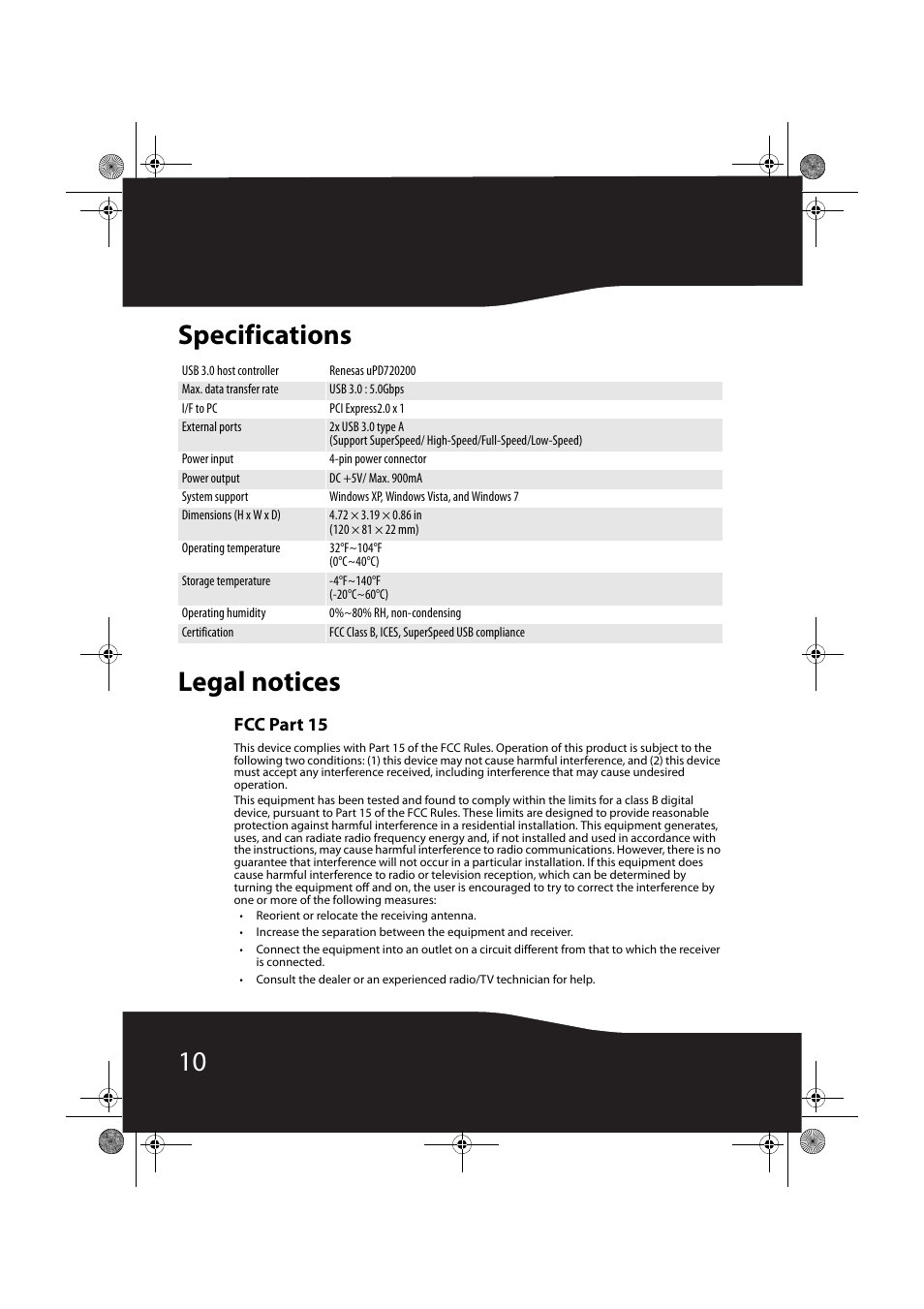 Specifications, Legal notices, Specifications legal notices | 10 specifications legal notices, Fcc part 15 | RocketFish RF-P2USB3 User Manual | Page 10 / 15