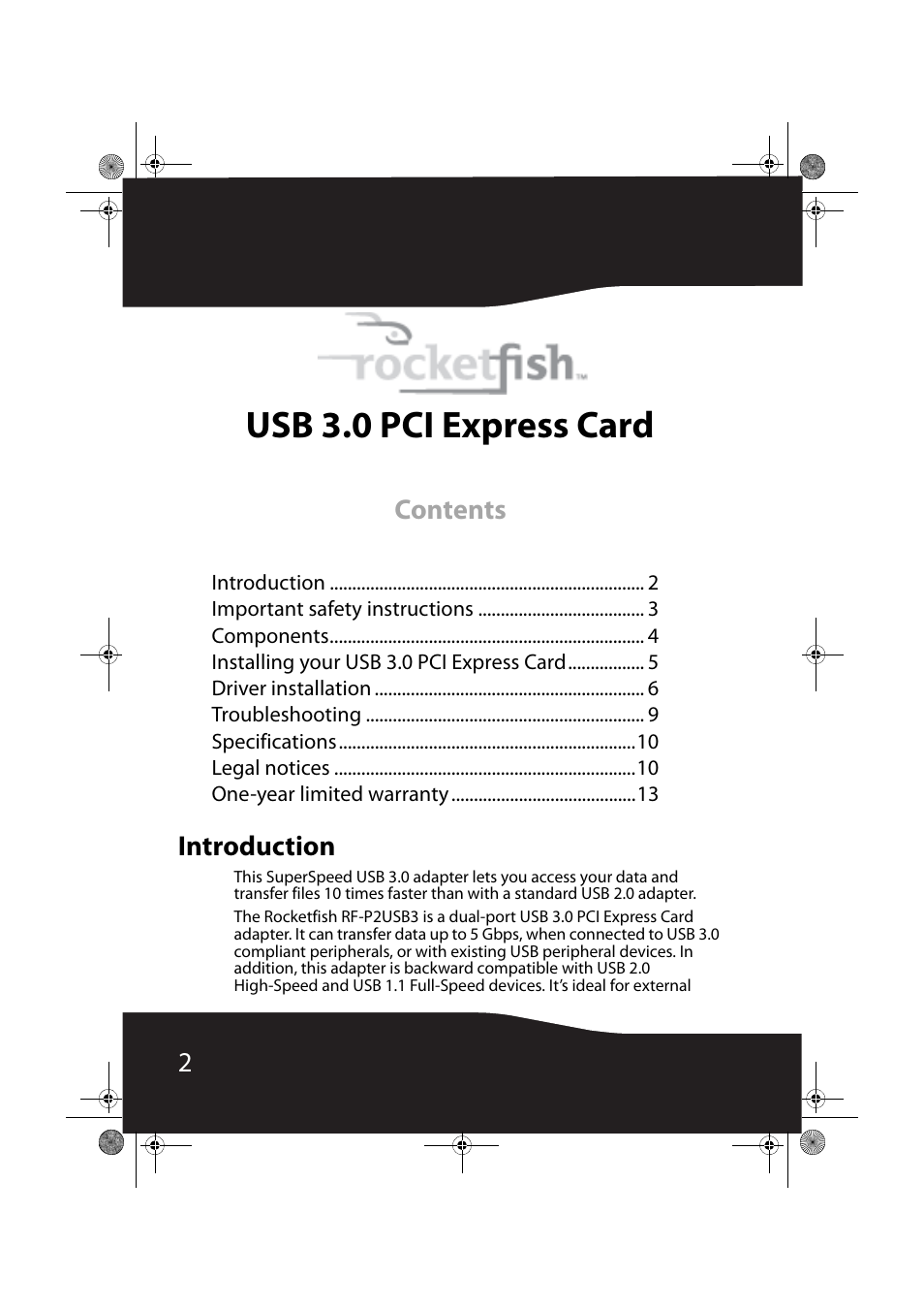 Introduction, Usb 3.0 pci express card | RocketFish RF-P2USB3 User Manual | Page 2 / 15