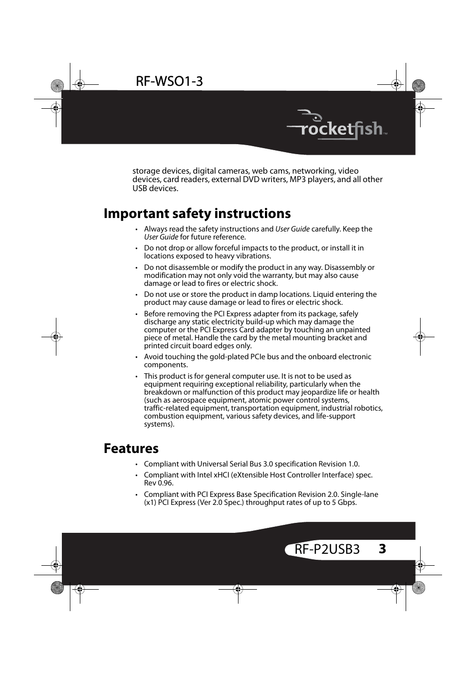 Important safety instructions, Features | RocketFish RF-P2USB3 User Manual | Page 3 / 15