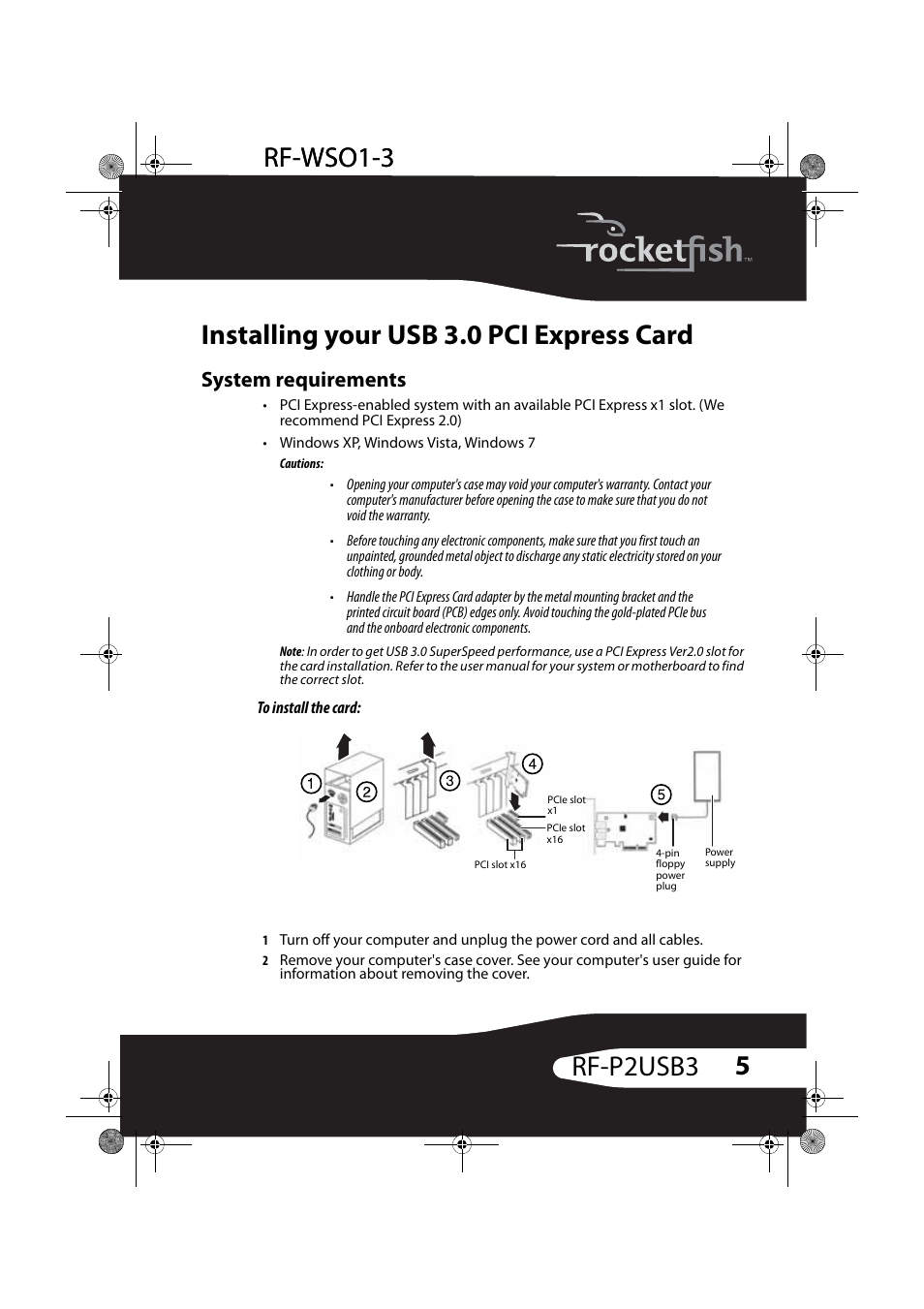 Installing your usb 3.0 pci express card, System requirements | RocketFish RF-P2USB3 User Manual | Page 5 / 15