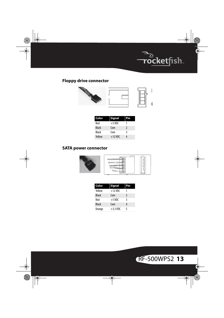 Floppy drive connector, Sata power connector, Floppy drive connector sata power connector | RocketFish RF-500WPS2 User Manual | Page 12 / 18