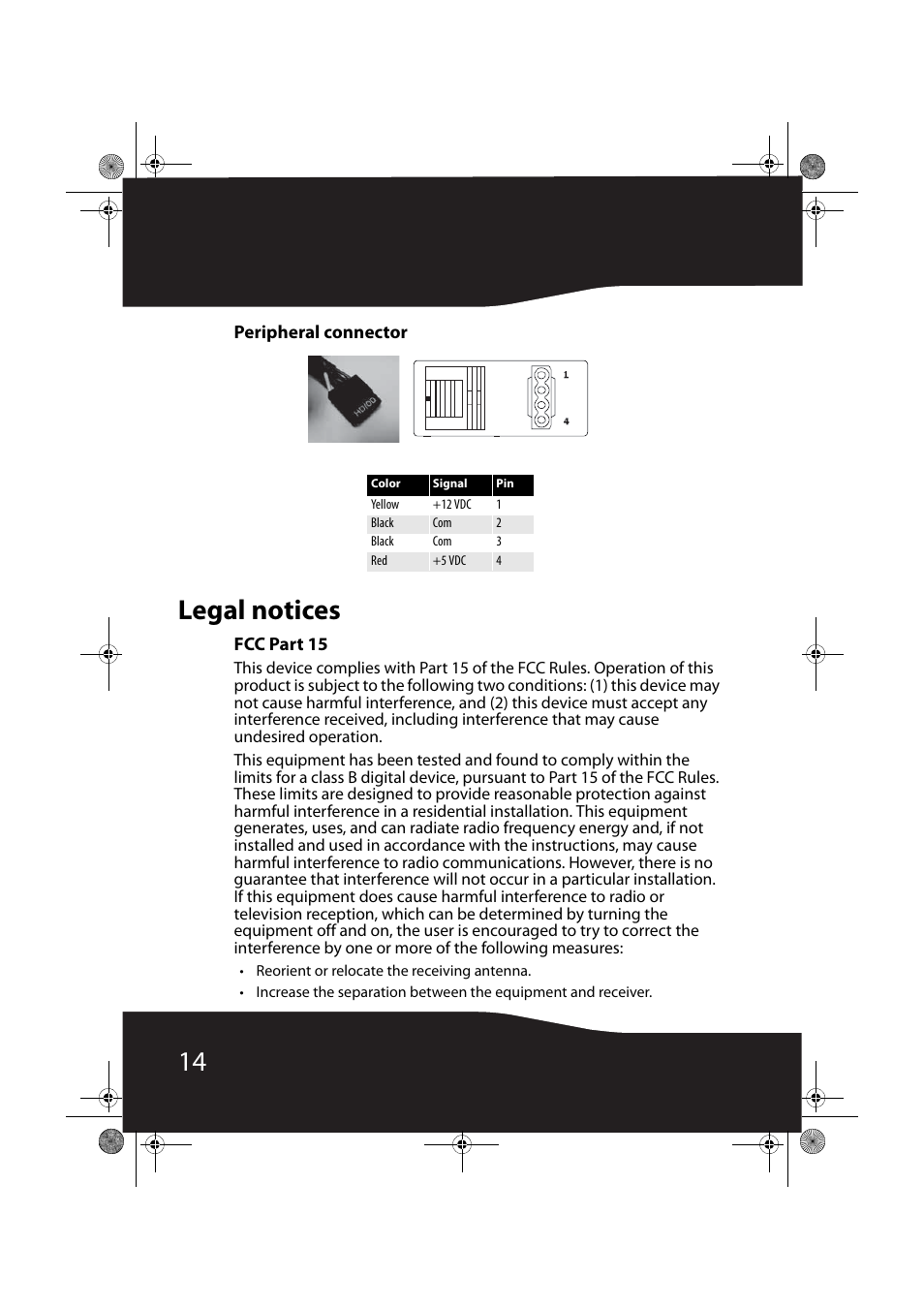Peripheral connector, Legal notices, Fcc part 15 | RocketFish RF-500WPS2 User Manual | Page 13 / 18