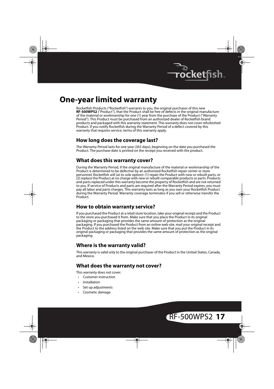How long does the coverage last, What does this warranty cover, How to obtain warranty service | Where is the warranty valid, What does the warranty not cover, One-year limited warranty | RocketFish RF-500WPS2 User Manual | Page 16 / 18
