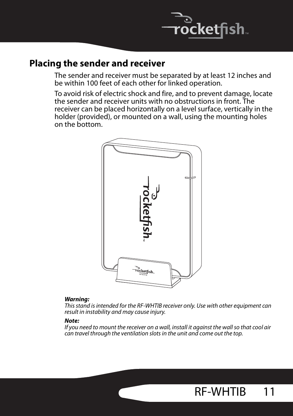 Placing the sender and receiver, 11 rf-whtib | RocketFish RF-WHTIB User Manual | Page 11 / 20