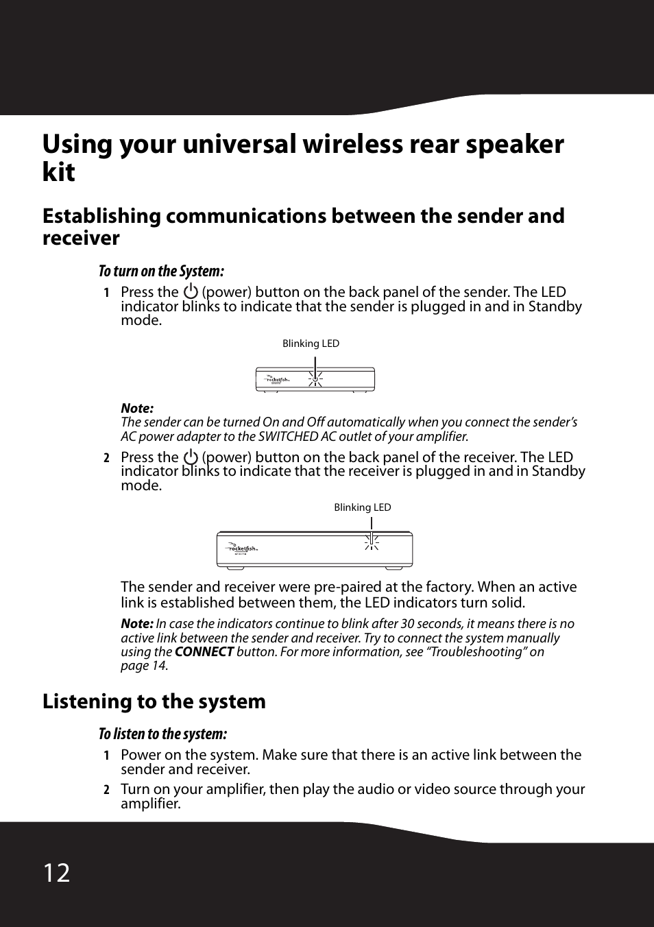 Using your universal wireless rear speaker kit, Listening to the system, 12 using your universal wireless rear speaker kit | RocketFish RF-WHTIB User Manual | Page 12 / 20