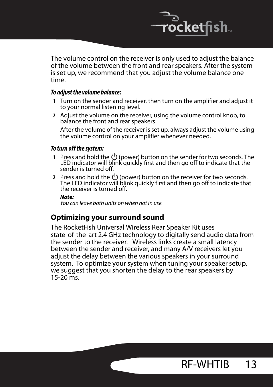Optimizing your surround sound, 13 rf-whtib | RocketFish RF-WHTIB User Manual | Page 13 / 20