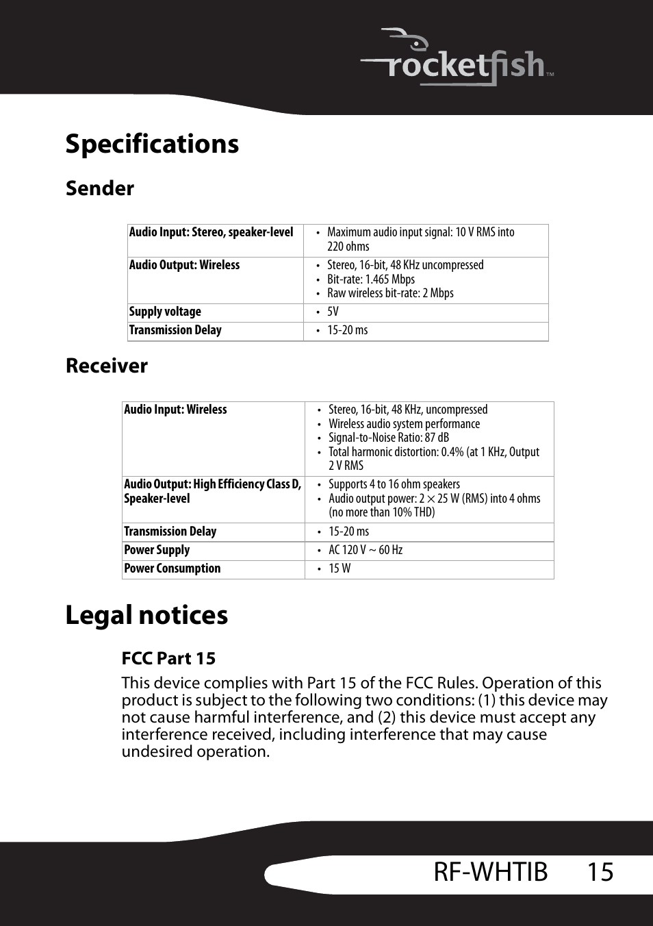 Specifications, Sender, Receiver | Legal notices, Fcc part 15, Specifications legal notices, 15 rf-whtib specifications, Sender receiver | RocketFish RF-WHTIB User Manual | Page 15 / 20