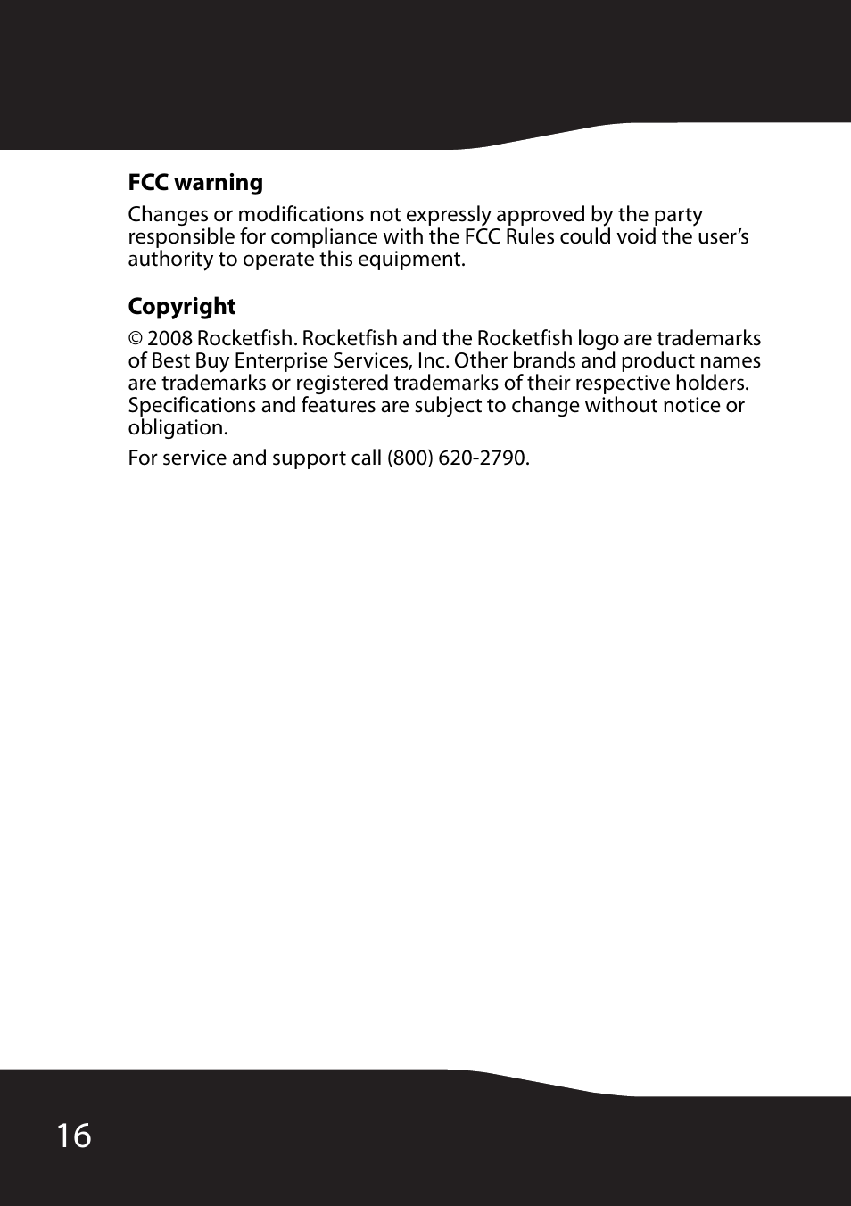 Fcc warning, Copyright | RocketFish RF-WHTIB User Manual | Page 16 / 20