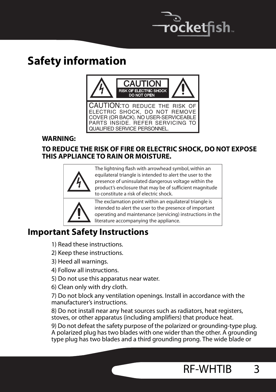 Safety information, Warning, Important safety instructions | 3rf-whtib safety information | RocketFish RF-WHTIB User Manual | Page 3 / 20