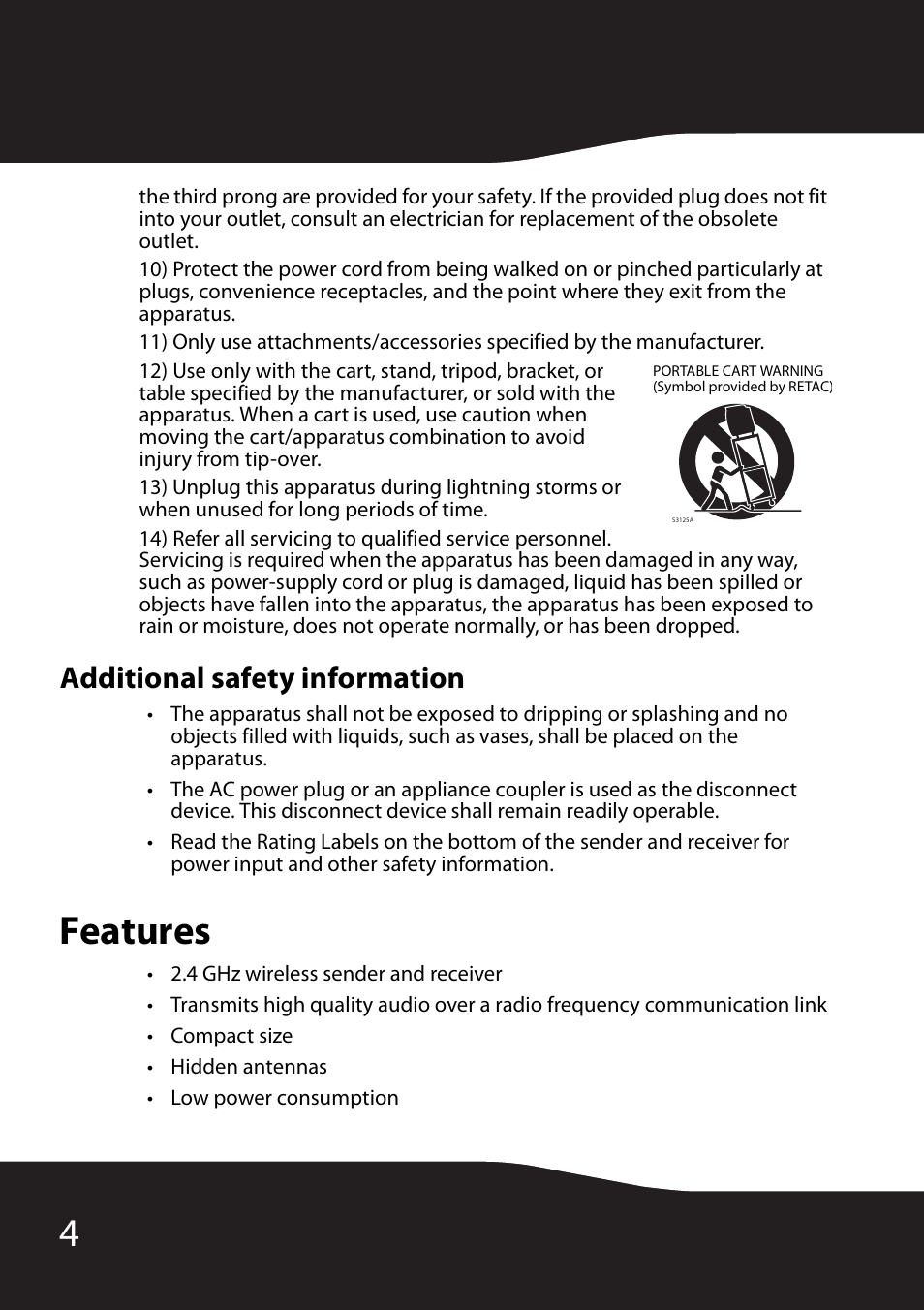 Additional safety information, Features | RocketFish RF-WHTIB User Manual | Page 4 / 20