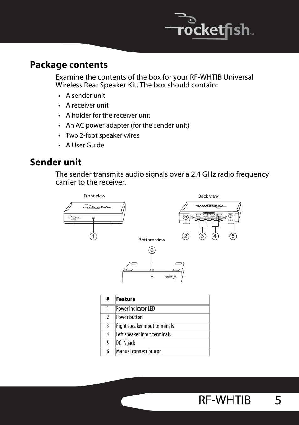 Package contents, Sender unit, 5rf-whtib | RocketFish RF-WHTIB User Manual | Page 5 / 20