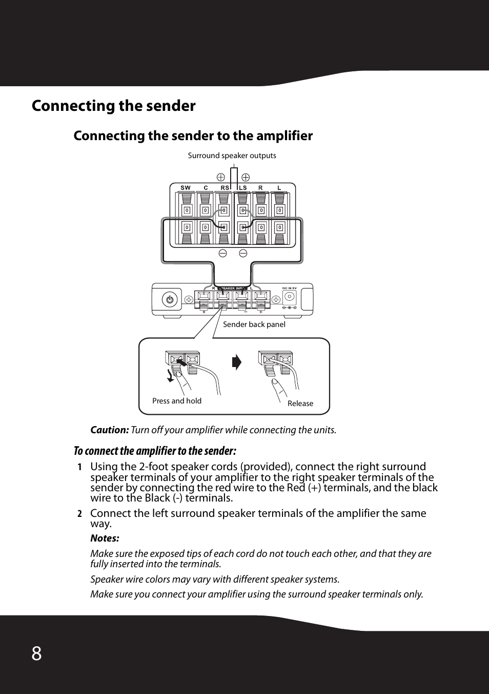 Connecting the sender, Connecting the sender to the amplifier | RocketFish RF-WHTIB User Manual | Page 8 / 20