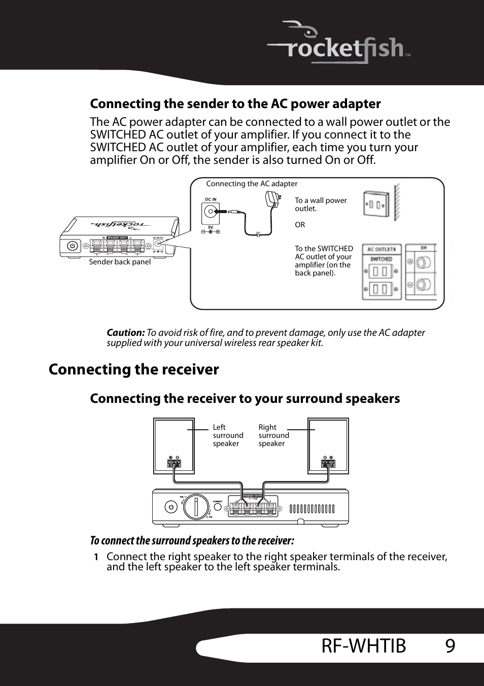 Connecting the sender to the ac power adapter, Connecting the receiver, Connecting the receiver to your surround speakers | 9rf-whtib | RocketFish RF-WHTIB User Manual | Page 9 / 20