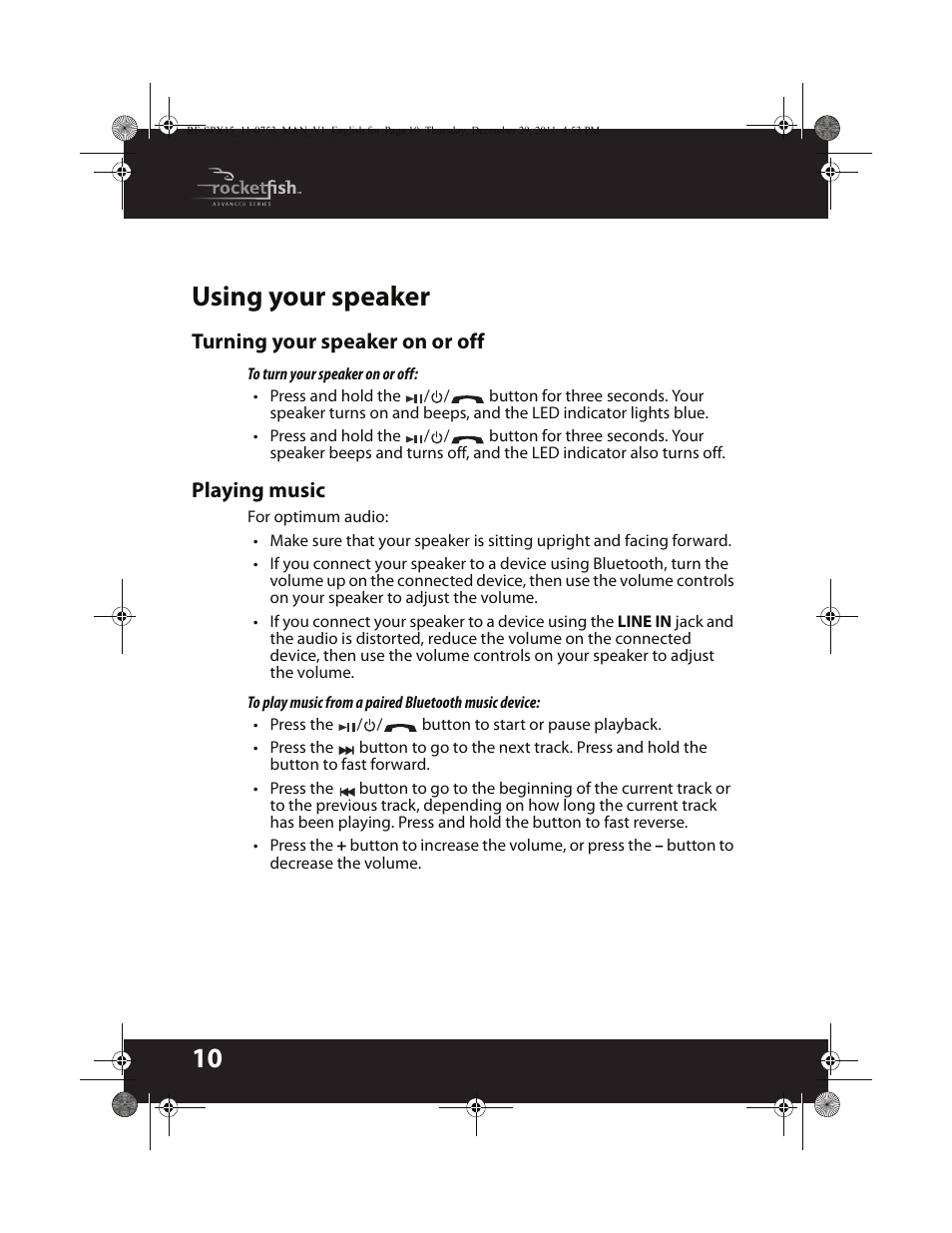 10 using your speaker | RocketFish BLUETOOTH WIRELESS SPEAKER RF-SPX15 User Manual | Page 10 / 20