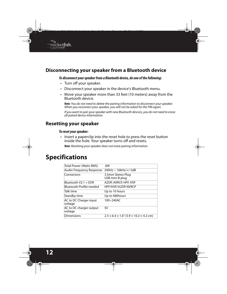 Specifications, Disconnecting your speaker from a bluetooth device, Resetting your speaker | RocketFish BLUETOOTH WIRELESS SPEAKER RF-SPX15 User Manual | Page 12 / 20