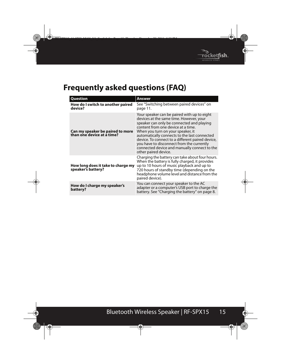 Frequently asked questions (faq), 15 bluetooth wireless speaker | rf-spx15 | RocketFish BLUETOOTH WIRELESS SPEAKER RF-SPX15 User Manual | Page 15 / 20