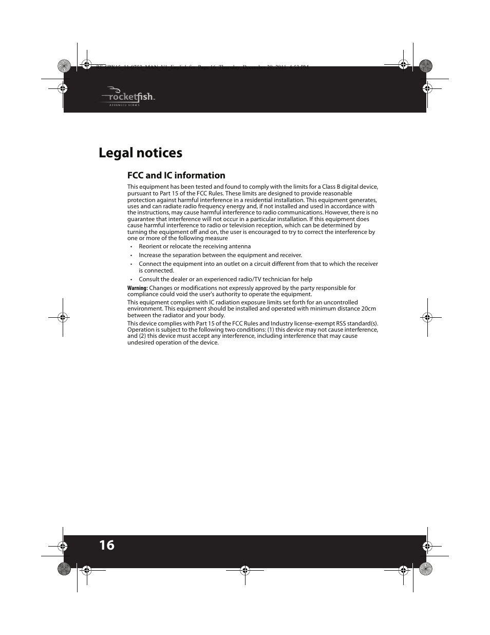 16 legal notices | RocketFish BLUETOOTH WIRELESS SPEAKER RF-SPX15 User Manual | Page 16 / 20