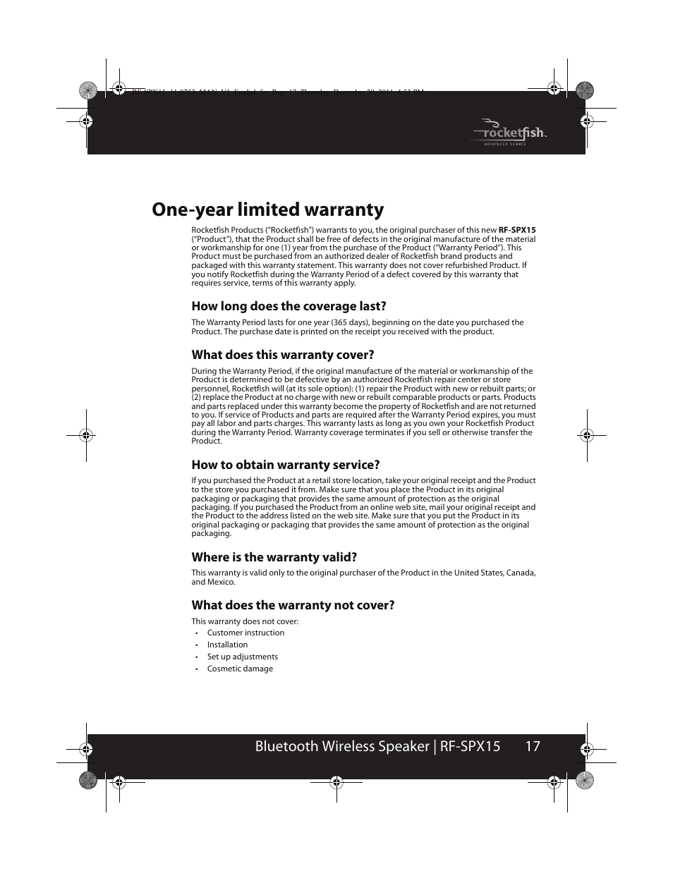 One-year limited warranty, 17 bluetooth wireless speaker | rf-spx15 | RocketFish BLUETOOTH WIRELESS SPEAKER RF-SPX15 User Manual | Page 17 / 20