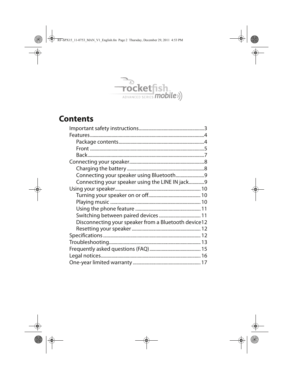 2contents | RocketFish BLUETOOTH WIRELESS SPEAKER RF-SPX15 User Manual | Page 2 / 20