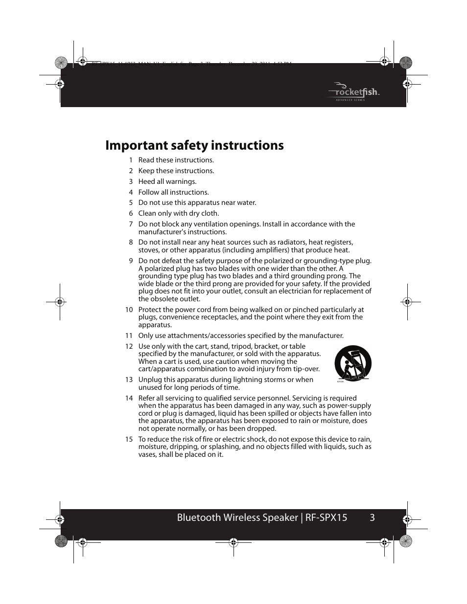 Important safety instructions, 3bluetooth wireless speaker | rf-spx15 | RocketFish BLUETOOTH WIRELESS SPEAKER RF-SPX15 User Manual | Page 3 / 20