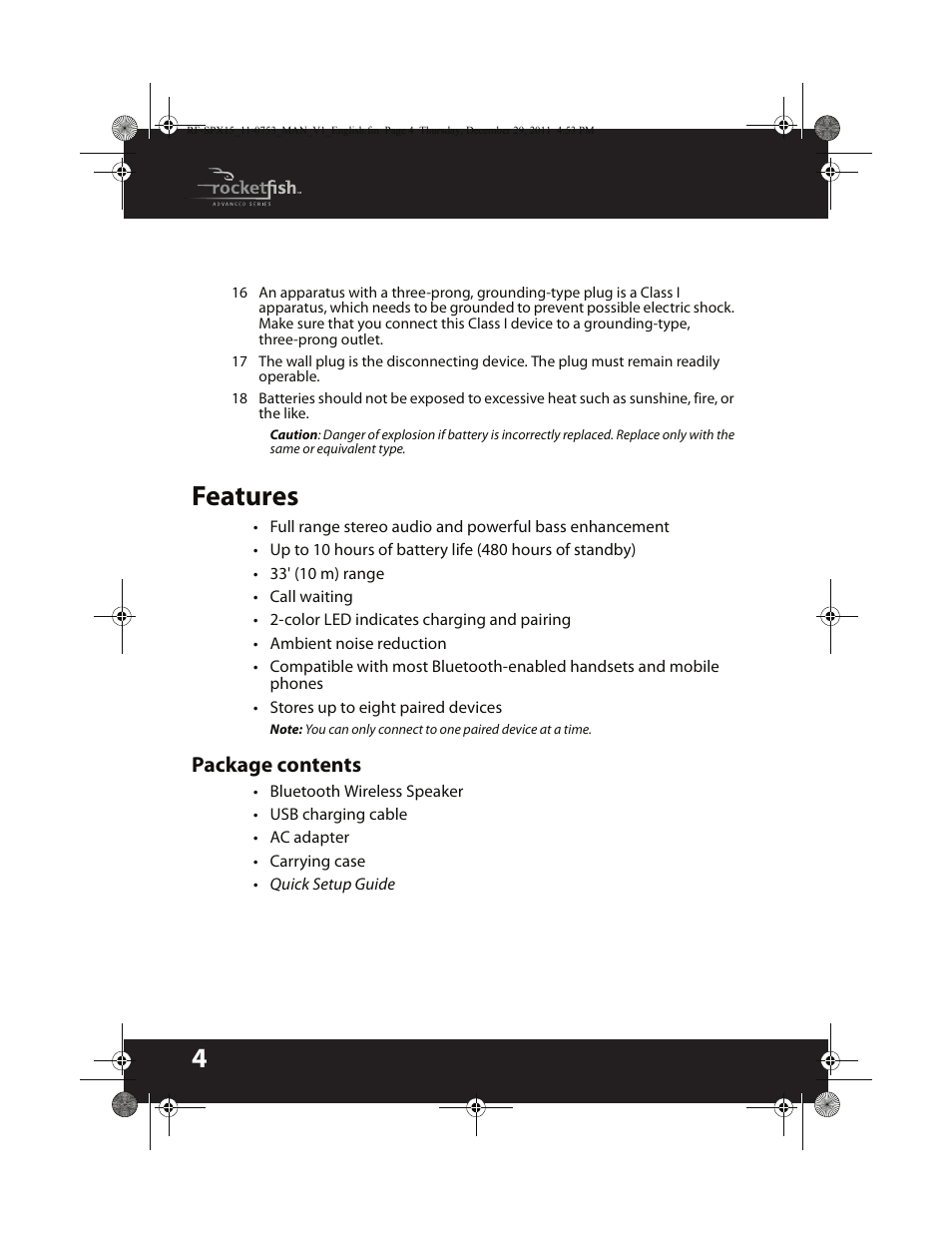 Features, Package contents | RocketFish BLUETOOTH WIRELESS SPEAKER RF-SPX15 User Manual | Page 4 / 20