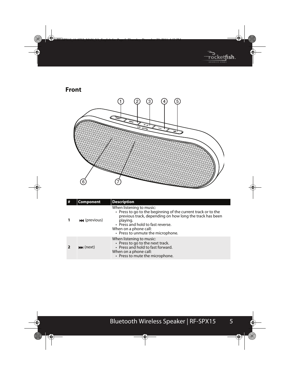 5bluetooth wireless speaker | rf-spx15 front | RocketFish BLUETOOTH WIRELESS SPEAKER RF-SPX15 User Manual | Page 5 / 20