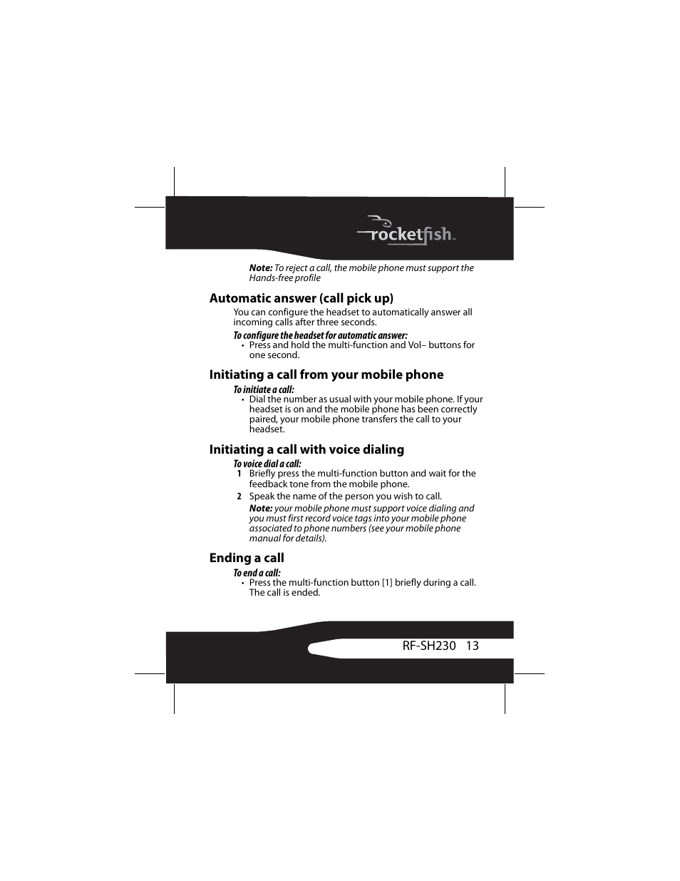 Automatic answer (call pick up), Initiating a call from your mobile phone, Initiating a call with voice dialing | Ending a call | RocketFish RF-SH230 User Manual | Page 13 / 80