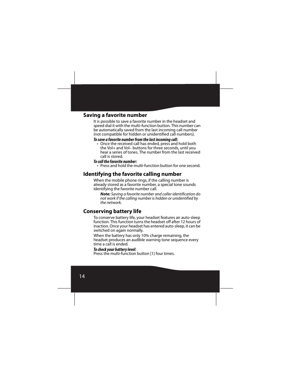 Saving a favorite number, Identifying the favorite calling number, Conserving battery life | RocketFish RF-SH230 User Manual | Page 14 / 80