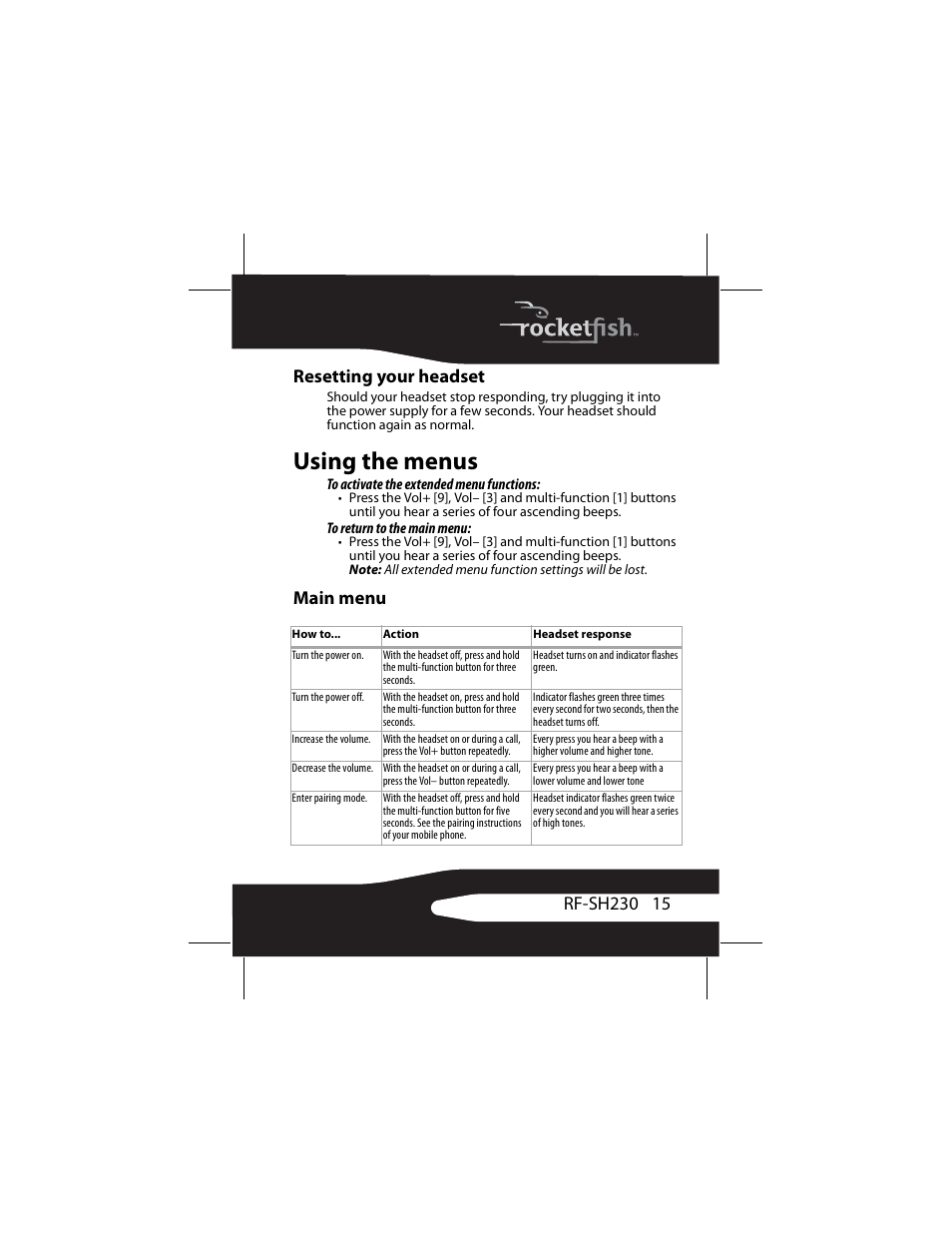 Resetting your headset, Using the menus, Main menu | RocketFish RF-SH230 User Manual | Page 15 / 80